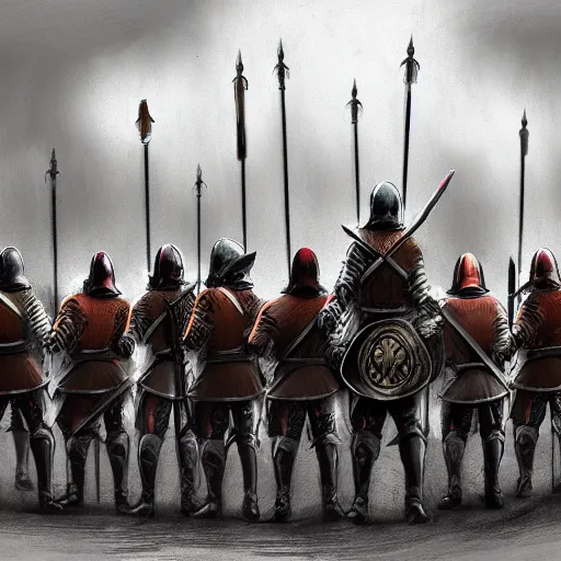 Prompt: realistic, 5 medieval knights, soldiers, in line, pikes, hellbards, banner, flag, mist, picture from behind, epic, digital art, illustration, fantasy, realistic sketch, dark