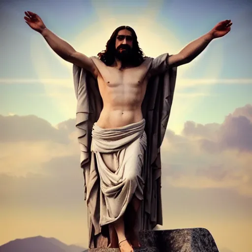 Prompt: an extremely detailed sculpture of a ridiculously good looking jesus that looks like a jewish gigachad as the christo redentor, long curly hair, elegant ancient greek dress, very detailed, standing on a mountain over rio de janeiro, beautiful, intricate, cinematic, artstation, william bouguereau, alphonse mucha, greg rutkowski, rossdraws, octane render