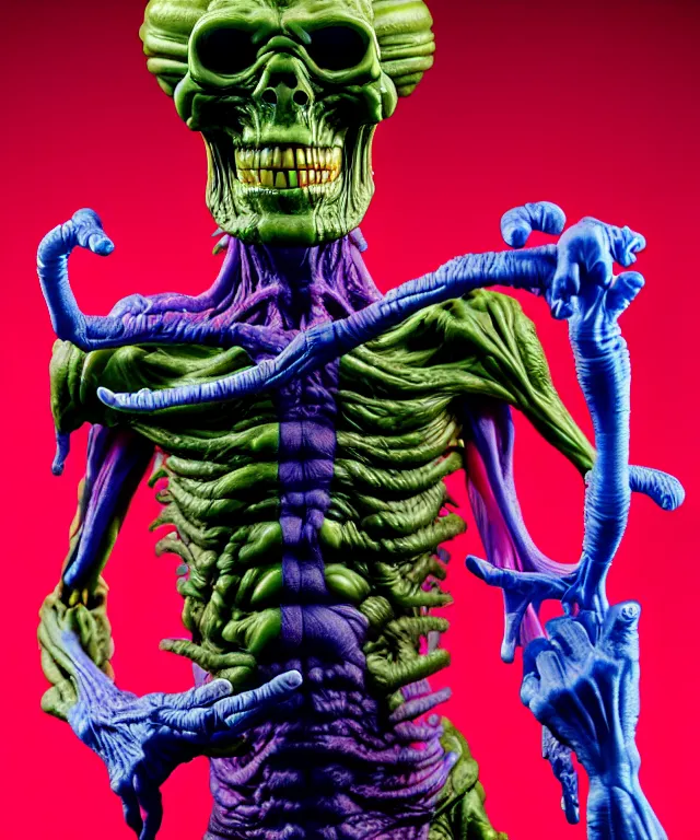 Image similar to hyperrealistic rendering, cronenberg flesh monster skeletor by art of skinner and richard corben and jeff easley, product photography, action figure, sofubi, studio lighting, colored gels