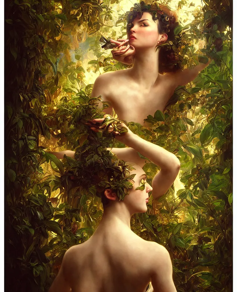 Image similar to hyper realistic photographer looking through a vintage medium format camera, magic pouring from lens, full body pose, design on white background, beautiful details, lush foliage cyberpunk, gold, drawn by john singer sargent, tom bagshaw, norman rockwell, alphonso mucha, lolish, trending on artstation