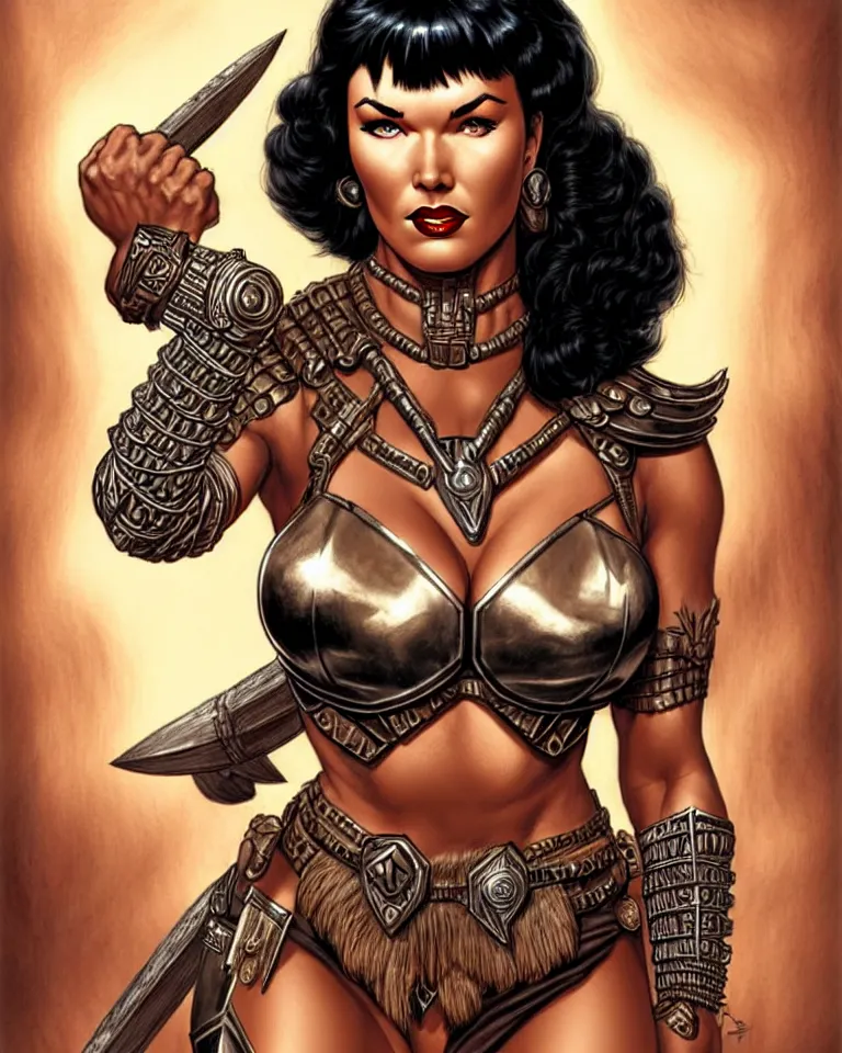 Prompt: a young bettie page as an amazon warrior, tall and beautiful with brown skin and long hair, dressed in hellenistic body armor, intricate, elegant, highly detailed, smooth, sharp focus, detailed face, complete head, one body, art by ardian syaf