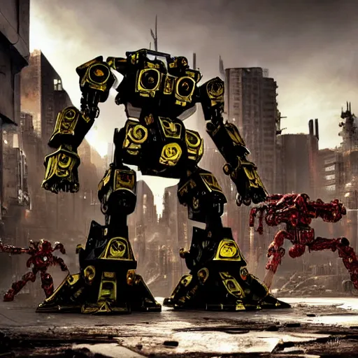 Image similar to a shiny ornate boxing humanoid mecha in ruin city, victory, punk style, by war robots, real steel ( 2 0 1 1 ), westworld and eve venture and pacific rim and machine warrior 5, cryengine, frostbite 3 engine, scarlet and yellow scheme, sharp focus, 8 k, high definition, insanely detailed, soft lighting, smooth face