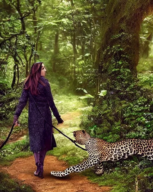 Prompt: beautiful woman walks her pet leopard on a leash thru a crystal forest, hyperreal, atmospheric, photorealistic photographed in the style of National Geographic