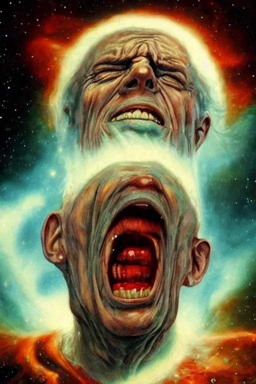 Prompt: an old man screams and a tornado comes out of his mouth by artgem and les edwards, highly detailed, high contrast, light reflection, trippy, nebula, trending on artstation