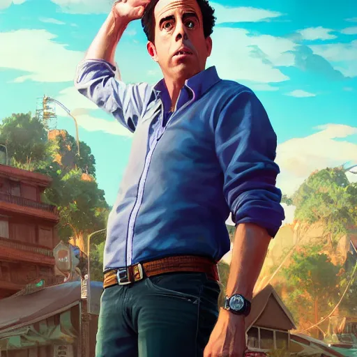 Image similar to highly detailed portrait, jerry seinfeld, in gta v, stephen bliss, unreal engine, fantasy art by greg rutkowski, loish, rhads, ferdinand knab, makoto shinkai and lois van baarle, ilya kuvshinov, rossdraws, tom bagshaw, global illumination, radiant light, detailed and intricate environment