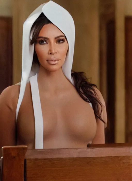 Image similar to a film still of kim kardashian as a nun with her bust slightly exposed. backround : church interior