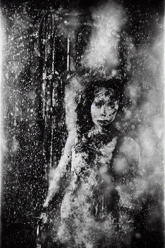 Prompt: wet plate photograph portrait of scarves dancer in victorian era boiler room, coal inferno