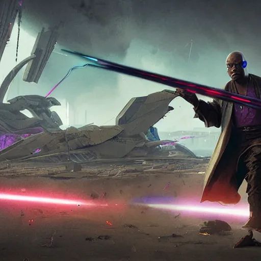 Image similar to mace windu fighting a group of pterodactyls in a destroyed cyberpunk city shooting lasers by greg rutkowski