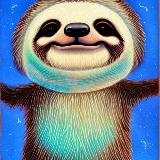 Image similar to luminescent colorful detailed airbrush painting of cute fluffy sloth