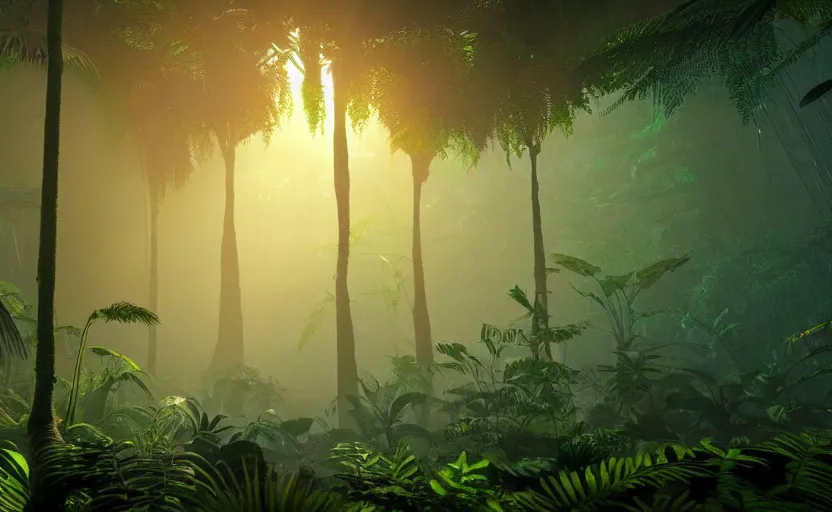 Image similar to a beautiful render of a dark prehistoric rainforest, lush flora, insects flying around, patches of green - orange sky, intricate detail, god rays, hazy, humid, volumetric lighting, 8 k, photorealistic, raytracing effects, unreal engine 5