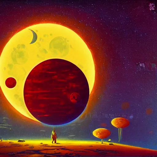 Prompt: lunar eclipse on strange alien planet with craters and unusual plants detailed painting in the style of paul lehr 4 k