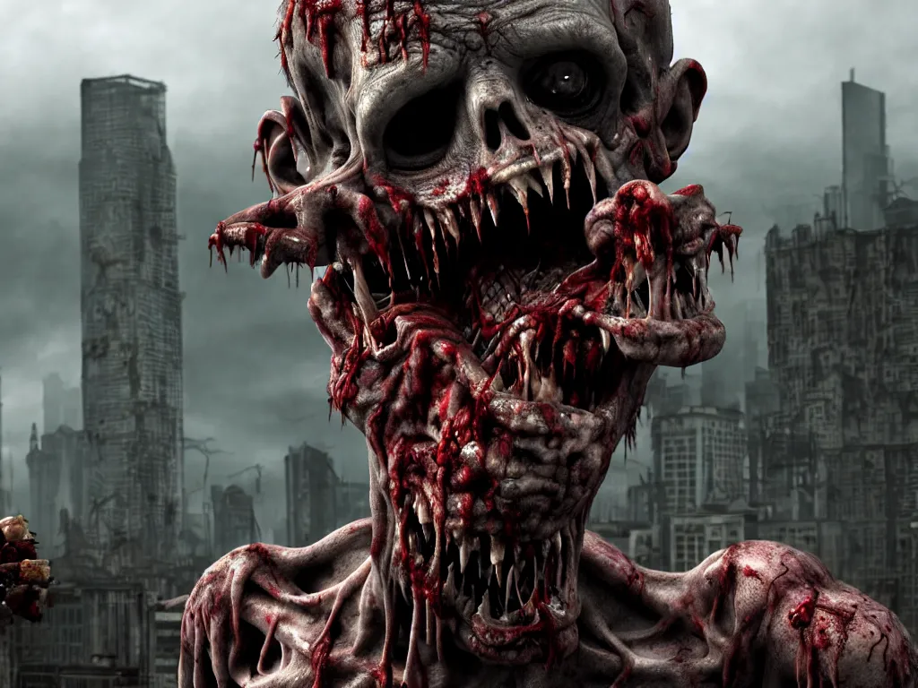 Image similar to zombie close up with a city background, grotesque, ugly, moody, 3 d, 3 d render, realistic, hdr, stan winston studios, dramatic lighting, cinematic lighting