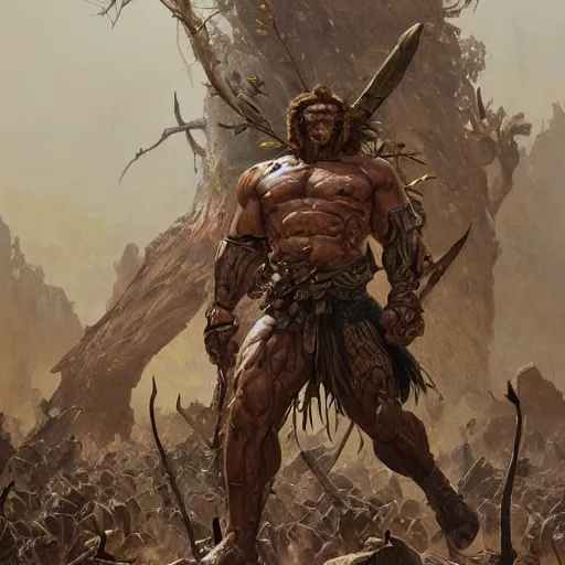 Image similar to muscular ogre - like fierce warrior with tree - bark skin wearing intricate stone and wood armor, towering above a group of soldiers, battlefield, highly detailed, digital painting, artstation, concept art, smooth, sharp focus, illustration, art by artgerm and greg rutkowski and alphonse mucha