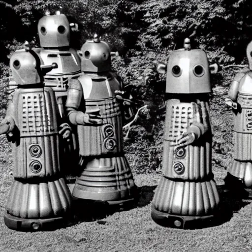 Prompt: the cybermen are having a picnic with a dalek. folk horror aesthetic.