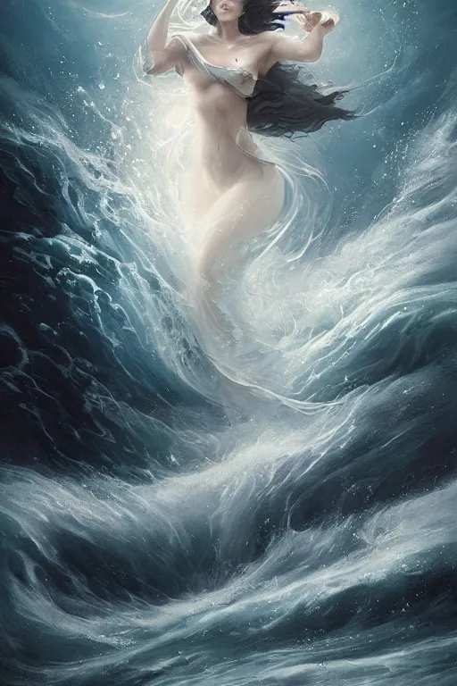 Image similar to beautiful powerful water goddess clothed in a swirling gown strides through a stormy sea, detailed matte fantasy portrait, dynamic lighting, bokeh backdrop, by greg rutkowski, by peter mohrbacher, by brom