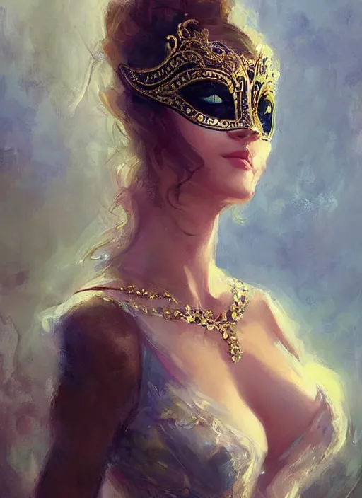 Prompt: a beautiful woman wearing an elaborate masquerade mask and ballgown, looking at the viewer with an alluring expression. painting by artgerm and greg rutkowski and magali villanueve