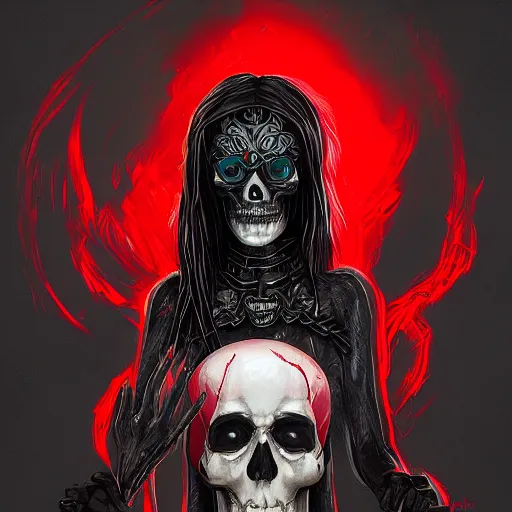 Prompt: Female death holding a (((red and black skull))), kodachrome, high contrast, highly detailed, sharp focus, digital painting, concept art, illustration, trending on artstation