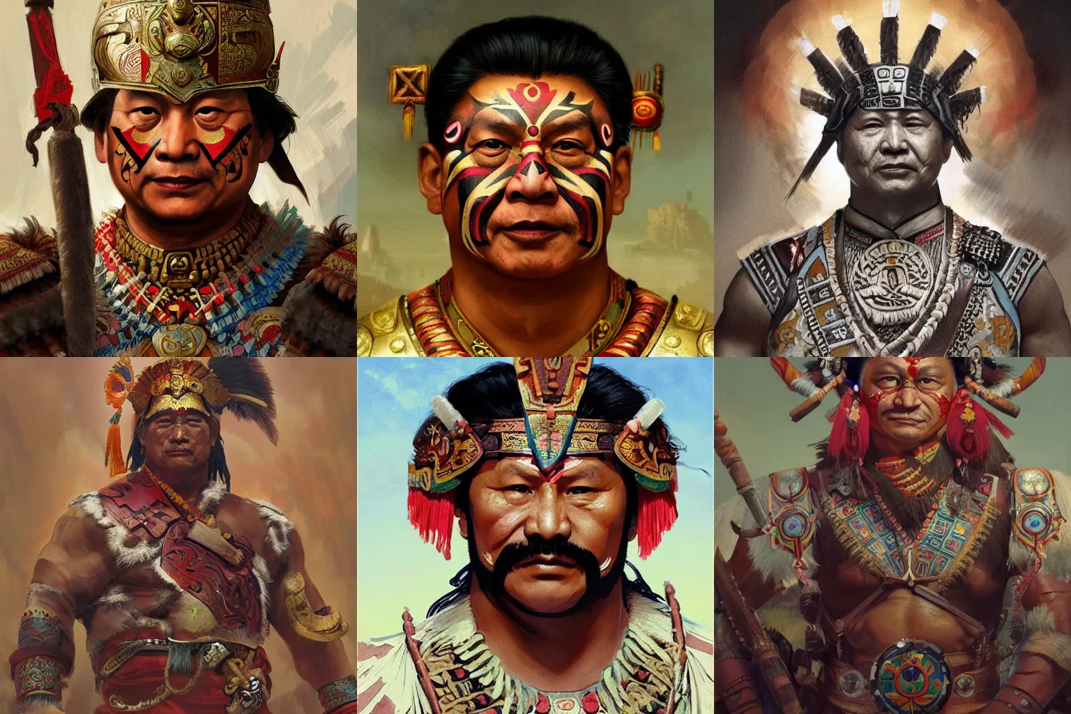 Prompt: Xi jinping as an Aztec warrior, athletic , face paint, muscular, intricate, highly detailed, digital painting, artstation, concept art, sharp focus, illustration, art by greg rutkowski and alphonse mucha