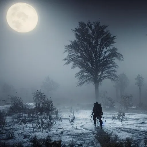 Image similar to the wild hunt, wraiths riding in the sky, mythical creatures in undead nightmare, bad omen, enchanted forest, blizzard storm, fog, full moon, snowy environment, in the style of the witcher series, hyperrealism, atmospheric, cinematic, disturbing, breathtaking, award winning, groundbreaking, octane render, unreal 5, intricate digital art, sharp focus, 8 k