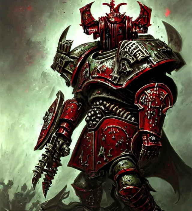 Prompt: armor portrait heroes warhammer 4 0 k fight war fighting nurgle warrior, cesede, the chaos god of plague and decay, red chaos knight with cathedrals and columns, pestilence, champion, emperor, abbeys, elegant concept art by ruan jia