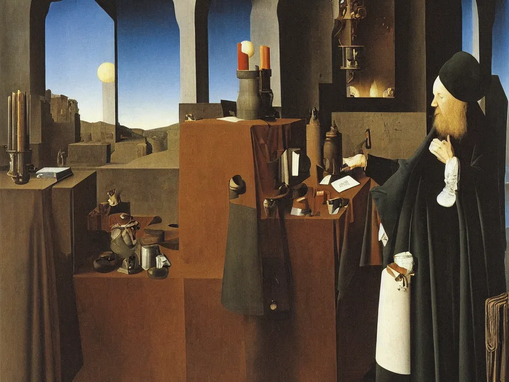 Image similar to obituary for an alchemist. painting by jan van eyck, rene magritte