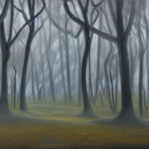 Prompt: A painting of a dark forest. The trees are twisted and gnarled, and the ground is covered in a thick layer of mist.