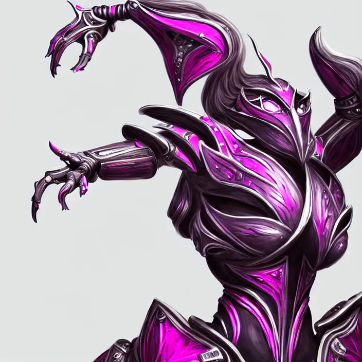 Image similar to highly detailed exquisite fanart, of a beautiful female warframe, but as an anthropomorphic robot dragon, shiny white silver armor engraved, Fuchsia skin beneath the armor, sharp claws, long tail, robot dragon hands and feet, elegant pose, close-up shot, full body and head shot, epic cinematic shot, professional digital art, high end digital art, singular, realistic, DeviantArt, artstation, Furaffinity, 8k HD render