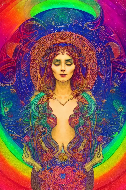 Image similar to beautiful goddess of space and dreams, mandala, coherent design, symmetrical, vivid colors, digital watercolor ink illustration painting, complementary color, golden ratio, detailed, sharp lines, sharp focus, intricate, rainbowshift, artgerm, gustave dore, maxfield parrish, alphonse mucha, octane render