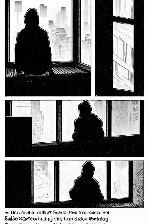 Image similar to outdoors : sadie sink peter parker in hoodie sits on windowsill, knees tucked in | rain falls at night : storyboard, scifi cyberpunk. by gabriel hardman, joe alves, chris bonura. cinematic atmosphere, detailed and intricate, perfect anatomy