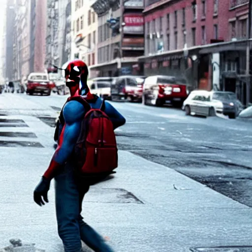 Image similar to film of spiderman with a backpack on his way to school on the streets of new york, lonely atmosphere, director by christopher nolan