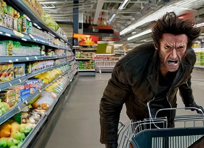 Image similar to film still of Wolverine going grocery shopping in the new X-Men movie, 4k