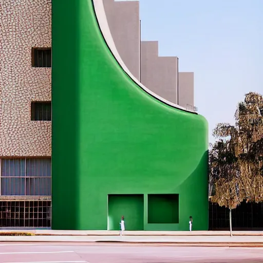 Prompt: a real concrete building with anthropomorphic qualities. a painting of sceptile by ricardo bofill. one building that reminds me of a green lizart with a red mouth. clearly a building. realistic, photograph, award winning, high wuality, high definition, contest winner, gorgeous.