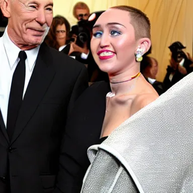 Image similar to a photograph of Miley Cyrus standing next to Patrick Stewart at the Met Gala