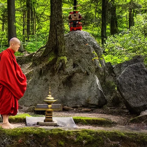 Prompt: robot monk in a forest meditating in front of a stone shrine