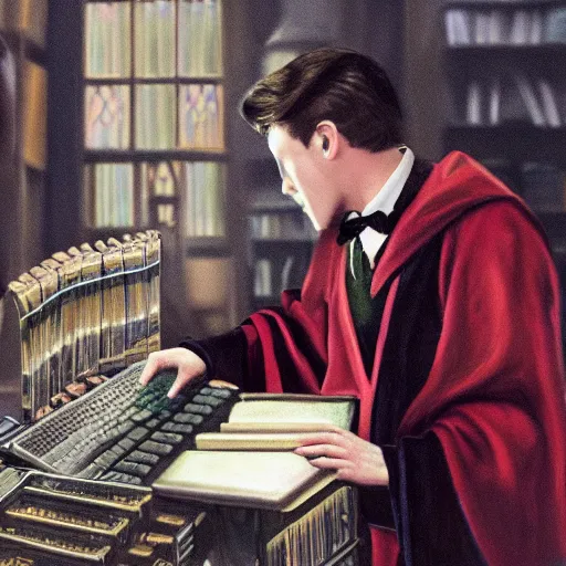 Prompt: Albus Dumbledore fixing the Hogwarts supercomputer, oil painting 4k