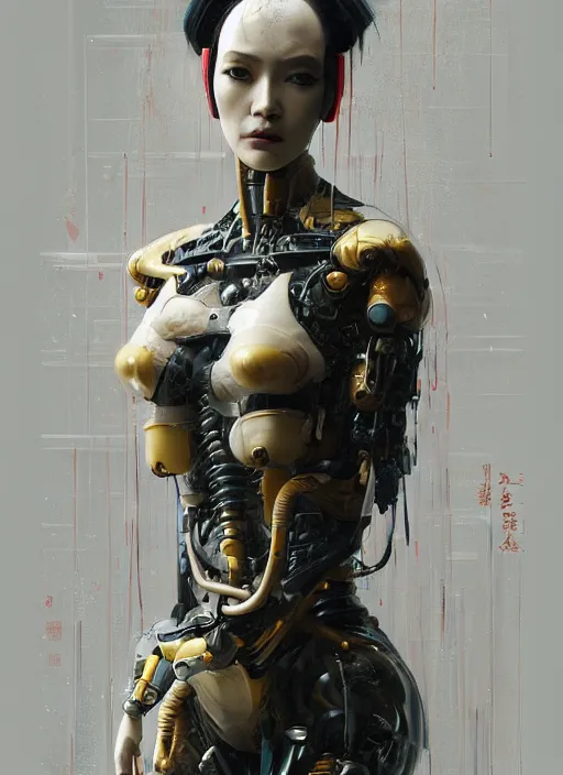 Image similar to portrait of a futuristic geisha cyborg, thick brush strokes, in the style of ghost in the shell, kintsugi, modern fine art, fractal, intricate, elegant, highly detailed, digital photography, subsurface scattering, by jheronimus bosch and greg rutkowski,