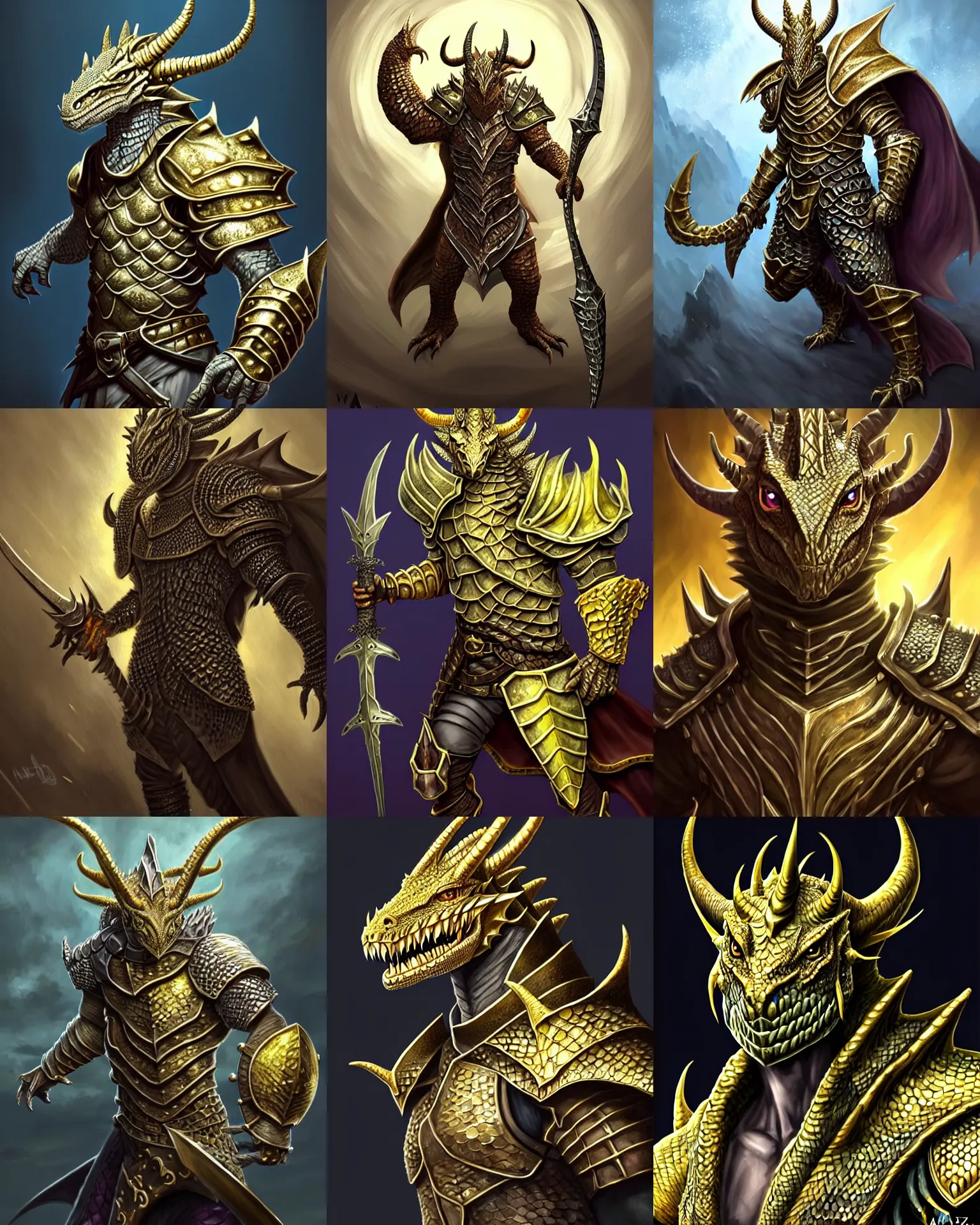 Prompt: DnD character concept portrait, scaly dragonborn male with lizard eyes, !!!gold scales!!!, !!!white teeth!!! Paladin, (((horns))), !!!white paladin armor!!! holy sword, Detailed, High quality, dynamic lighting, fantasy, Artwork by Artgerm, WLOP, Alex Ross, Greg Rutknowski, Alphonse Mucha