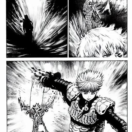 Image similar to guts killing griffith in berserk manga, black and white