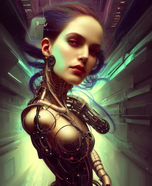 Image similar to a whirlwind of souls rushing inside the metaverse, hologram, half body, neurochip, shaved temple, piercing, jewelry, android, cyborg, cyberpunk face, by loish, d & d, fantasy, intricate, elegant, highly detailed, colorful, digital painting, artstation, concept art, art by artgerm and greg rutkowski and alphonse mucha