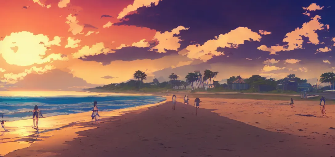 Prompt: Anime beach scene in the style of A-1 Pictures. Sunset. Moody light. 4k. Many fine details.