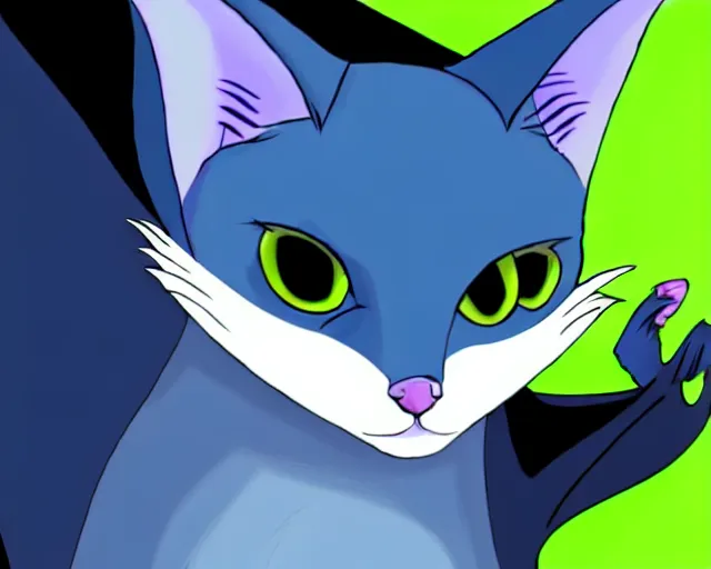 Image similar to a blue - and - black male catbat fursona with blue / green heterochromatic eyes ( differently - colored eyes, one eye green, one eye blue ) and huge bat ears, photo of the catbat streaming on his computer