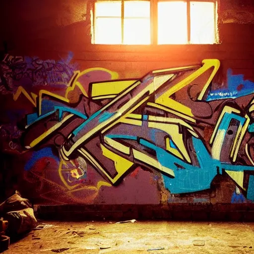 Image similar to graffiti on a wall in a run down building, happy mood, cyberpunk, high detail, golden light, realistic