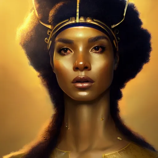 Image similar to Beautiful aesthetically pleasing regal Cleopatra portrait, face centered portrait, Confident, fog, volumetric lighting, beautiful, golden hour, sharp focus, ultra detailed, conceptartworld by Leesha Hannigan, Ross Tran, Thierry Doizon, Kai Carpenter,Ignacio Fernández Ríos