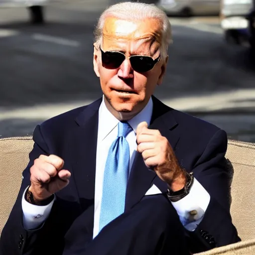 Prompt: joe biden wearing sunglasses and smoking a cigar, badass, photo