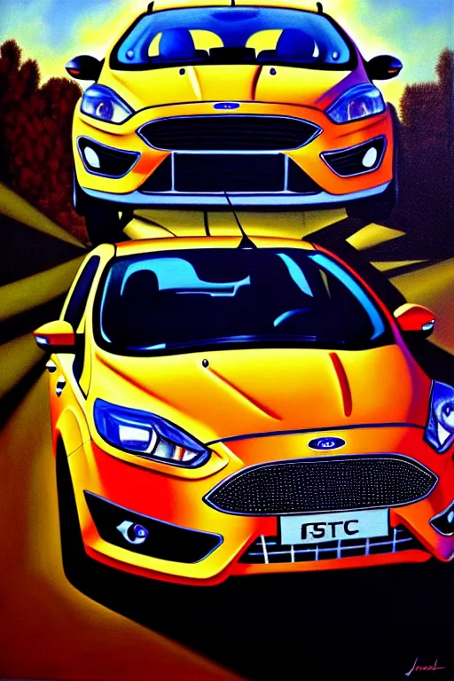 Image similar to a photorealistic painting of a ford focus by johfra bosschart, lisa frank, dark fantasy art, high detail, trending on artstation