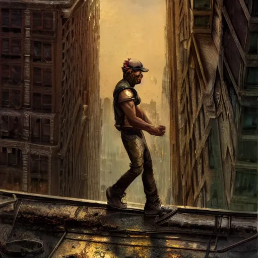 Image similar to an male survivor standing on a rooftop of an abandoned city, dark, atmospheric, detailed, centered, digital painting, artstation, concept art, donato giancola, Joseph Christian Leyendecker, WLOP, Boris Vallejo, Breathtaking, 8k resolution, extremely detailed, beautiful, establishing shot, artistic, hyperrealistic, octane render