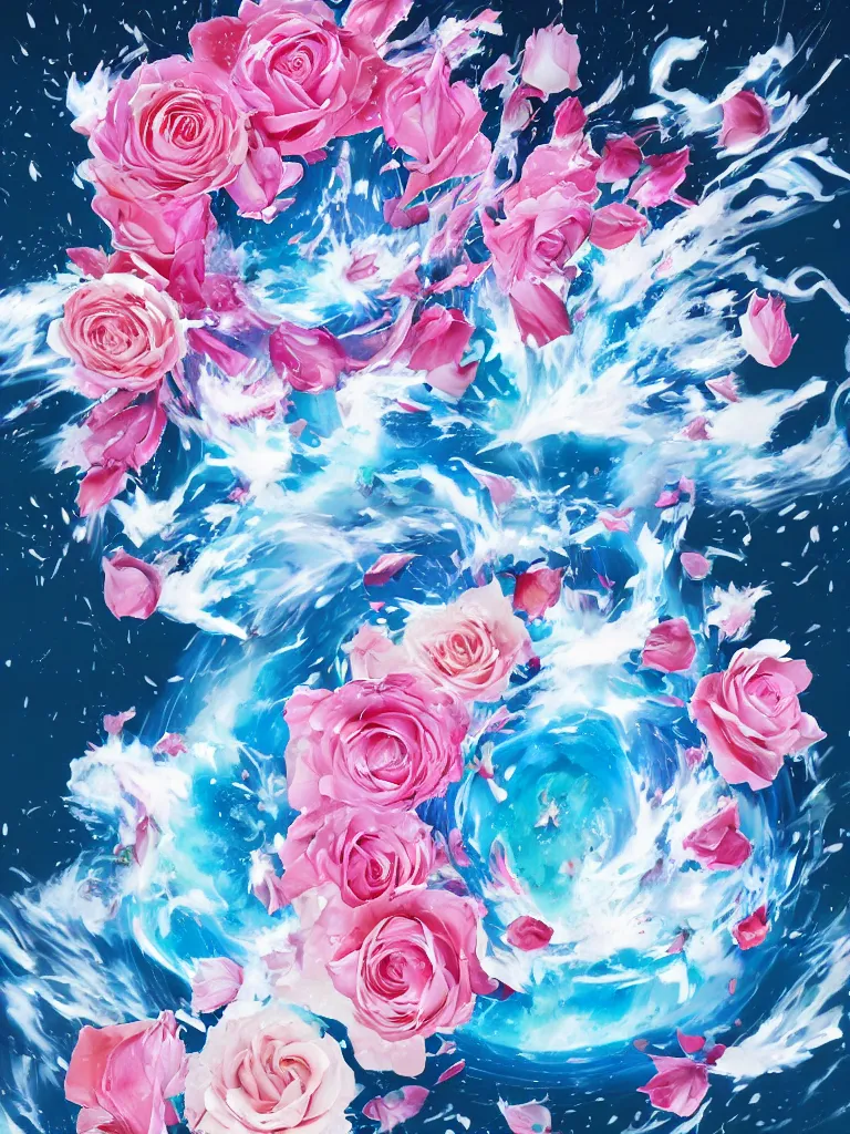 Image similar to hadoken force ball of white and pink roses, flowers exploding and splattering, blue sky, big puffy clouds, spraypaint, totem 2, exploding roses, hodouken, large rose petals, lotus petals, large triangular shapes, studio ghibli anime, radiant lighting, artgerm, manga, trending on artstation, art nouveau, mature colors