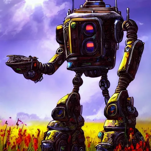 Prompt: corrupted robot sentinel enjoying picking up flower on infested planet, fantasy art, vibrant, hdr