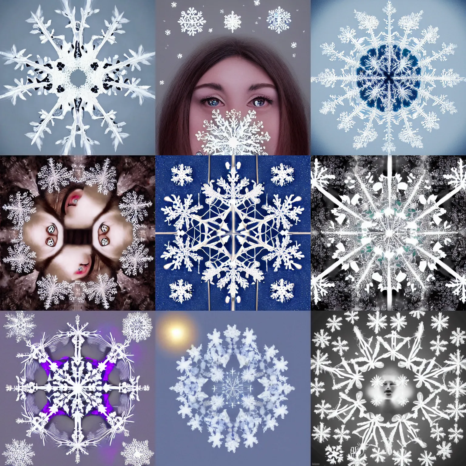 Prompt: surreal photography silk snowflakes with tiny centered human face in the middle. surreal photography