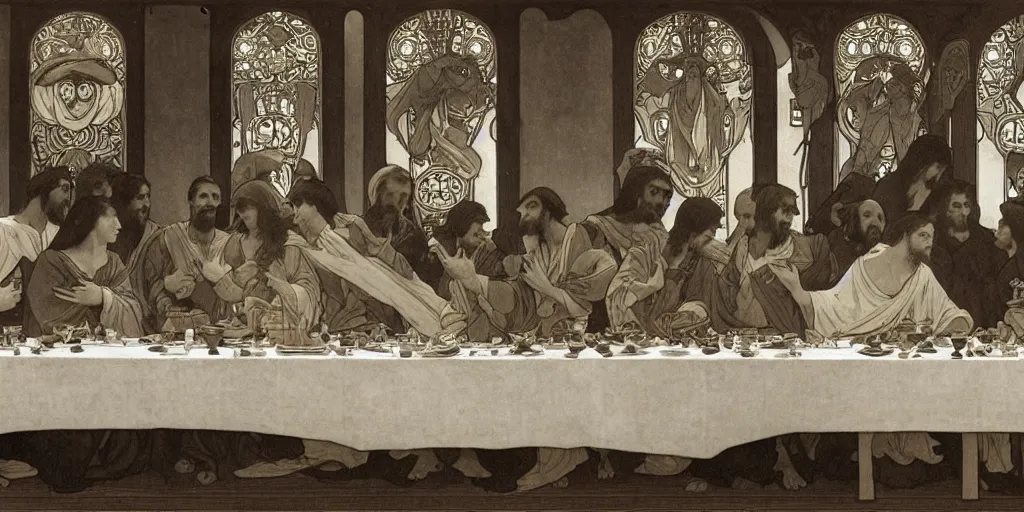 Prompt: the last supper,Alphonse Maria Mucha,elegant,highly detailed,smooth,sharp focus,illustration